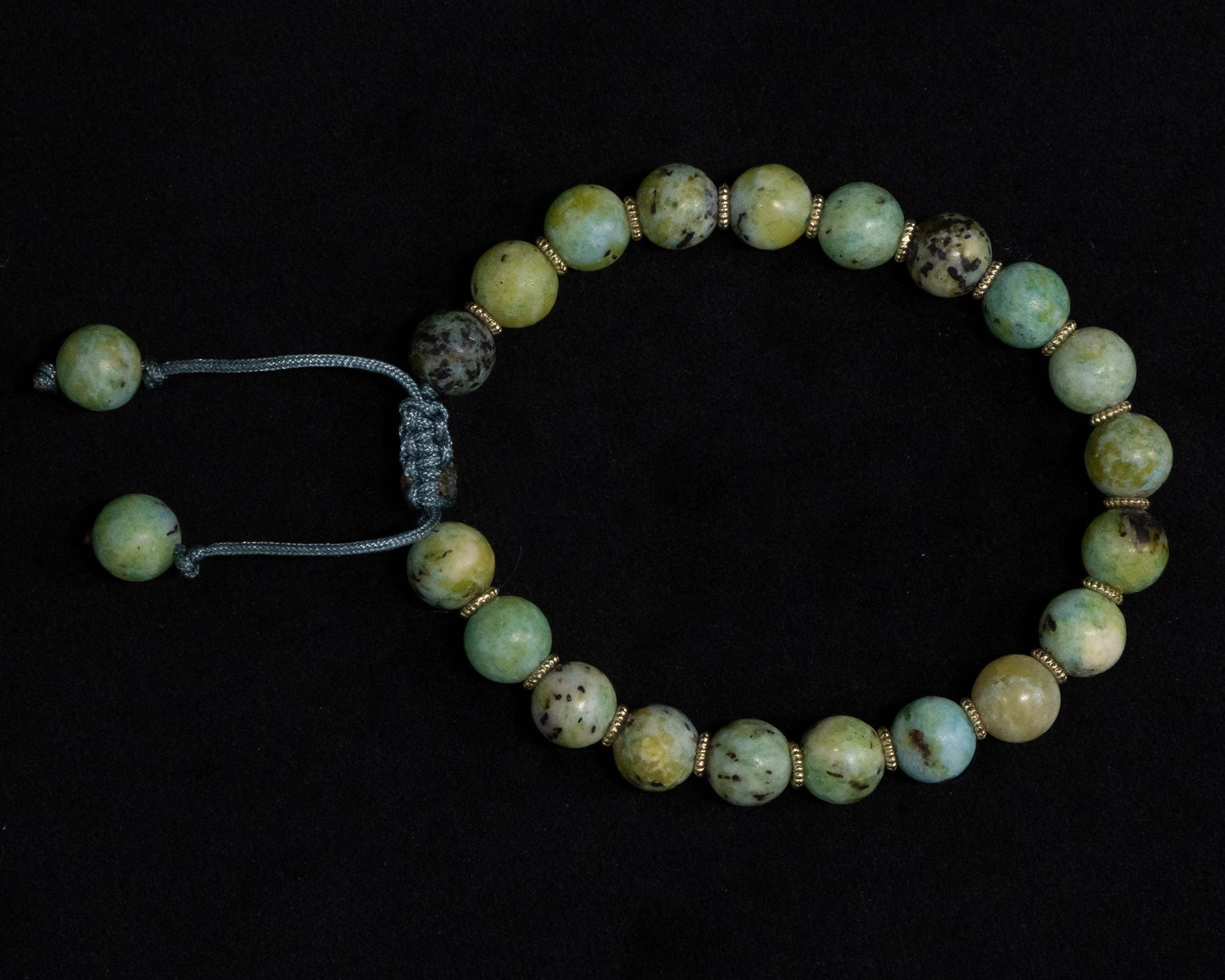 8mm Light Green Chrysoprase/Chalcedony Genuine, Gold Spacer Beaded Bracelet | Adjustable | Unique | Natural | Meditation Crystal | Healing Stone | Bohemian