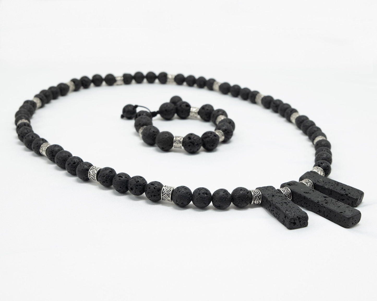 12mm Black Lava Necklace & Bracelet | Genuine | Tribal Silver Spacers | Beaded | Natural | Unique | Meditation | Healing Stone | Bohemian