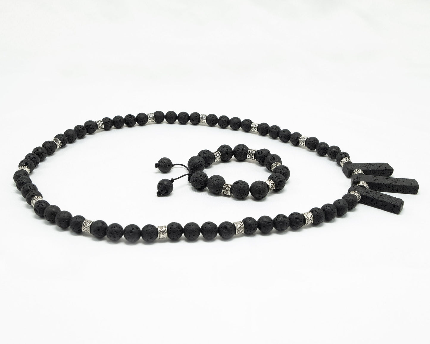 12mm Black Lava Necklace & Bracelet | Genuine | Tribal Silver Spacers | Beaded | Natural | Unique | Meditation | Healing Stone | Bohemian