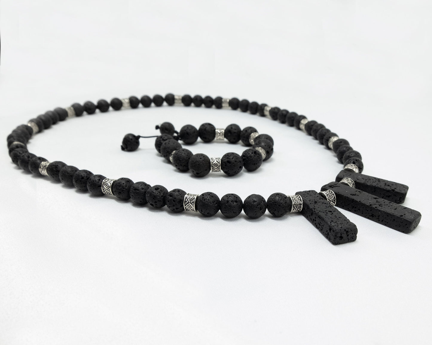 12mm Black Lava Necklace & Bracelet | Genuine | Tribal Silver Spacers | Beaded | Natural | Unique | Meditation | Healing Stone | Bohemian