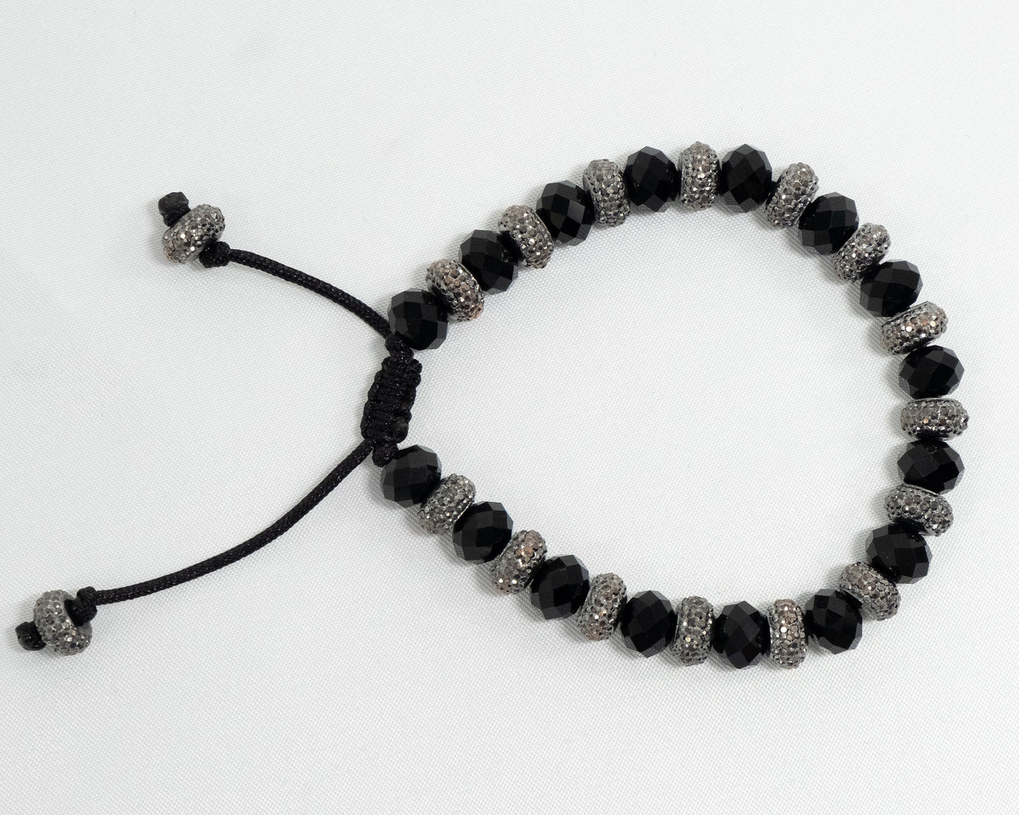Black Rondelle Crystal, Silver Sparkly Spacer Beaded Bracelet | Adjustable | Unique | Meditation Crystal | Healing Stone | Bohemian