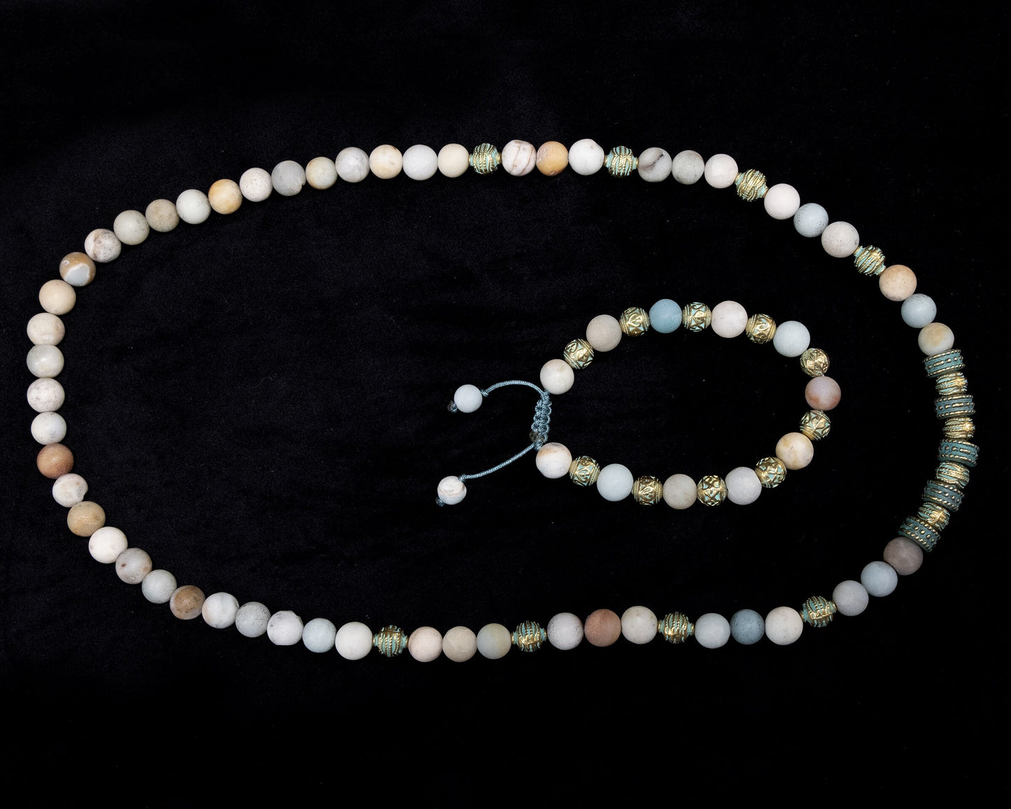 10mm Genuine Amazonite Beaded Necklace, Gold-Green, matching Bracelet | Meditation | healing stone | Bohemian | Tribal