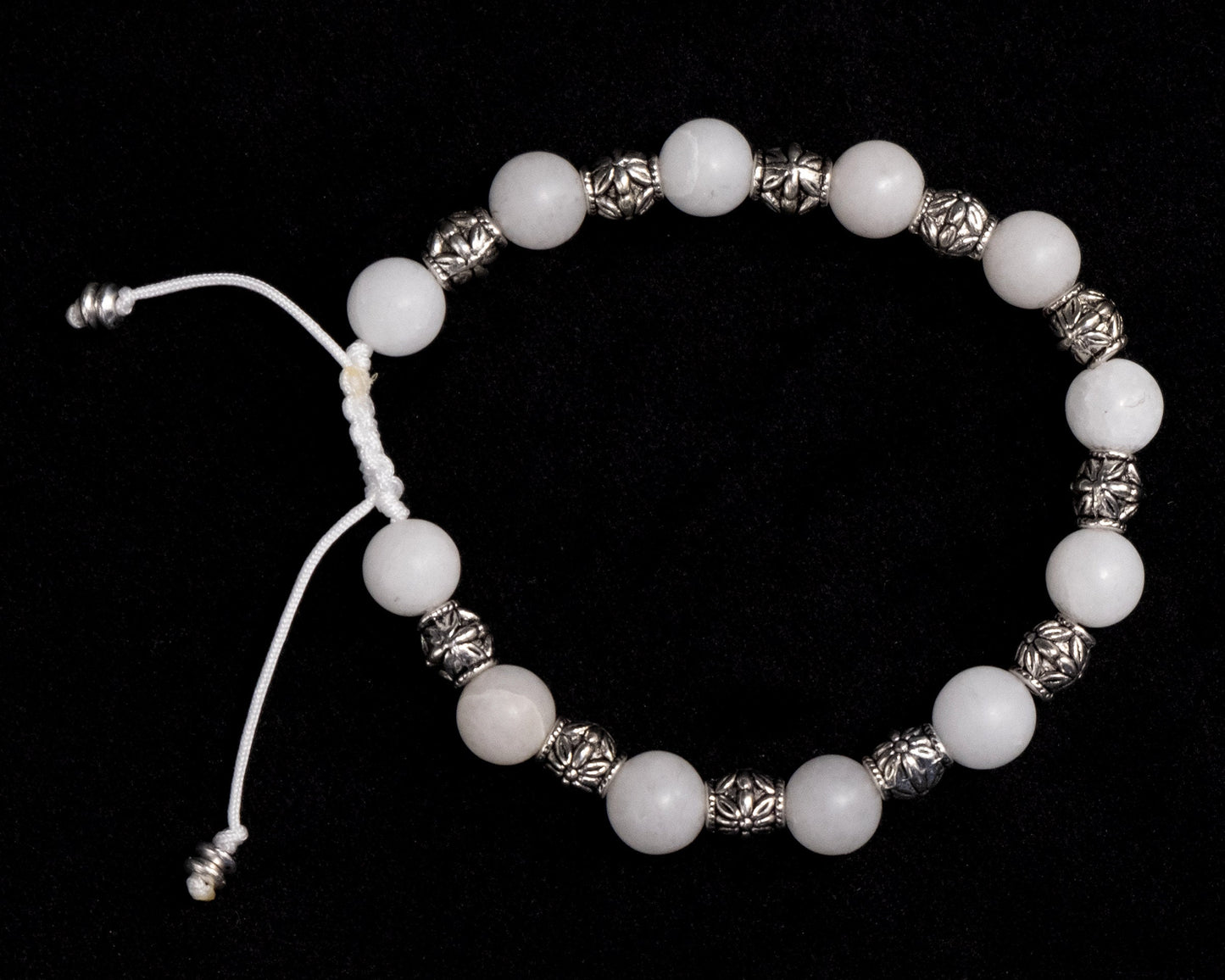 8mm White Quartz Genuine, Silver Spacers Beaded Bracelet | Adjustable | Unique | Natural | Meditation Crystal | Healing Stone | Bohemian