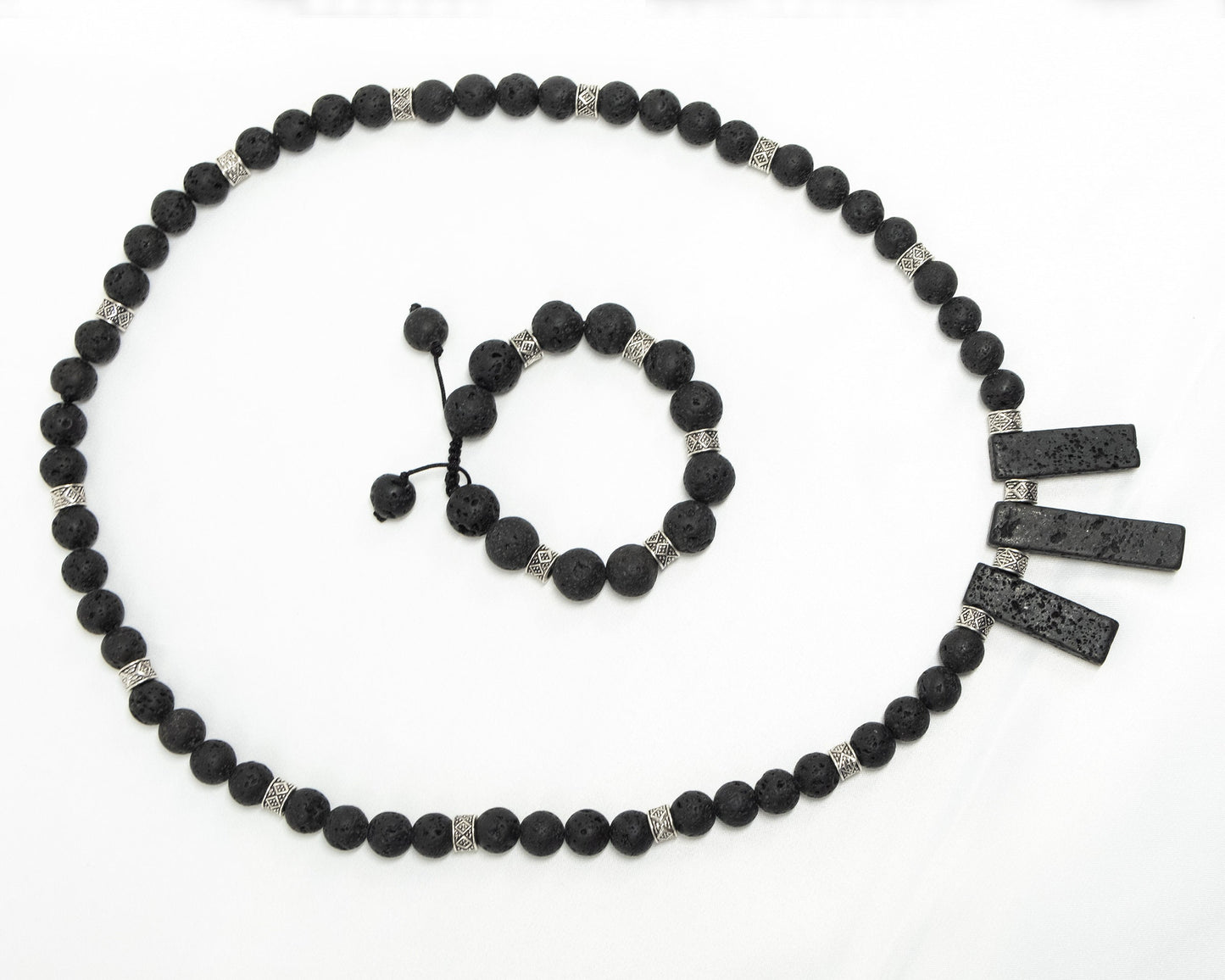 12mm Black Lava Necklace & Bracelet | Genuine | Tribal Silver Spacers | Beaded | Natural | Unique | Meditation | Healing Stone | Bohemian