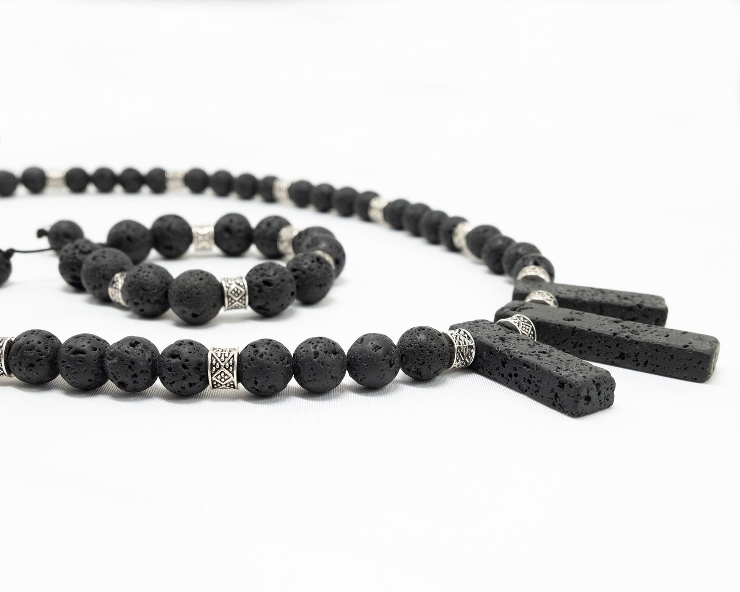 12mm Black Lava Necklace & Bracelet | Genuine | Tribal Silver Spacers | Beaded | Natural | Unique | Meditation | Healing Stone | Bohemian