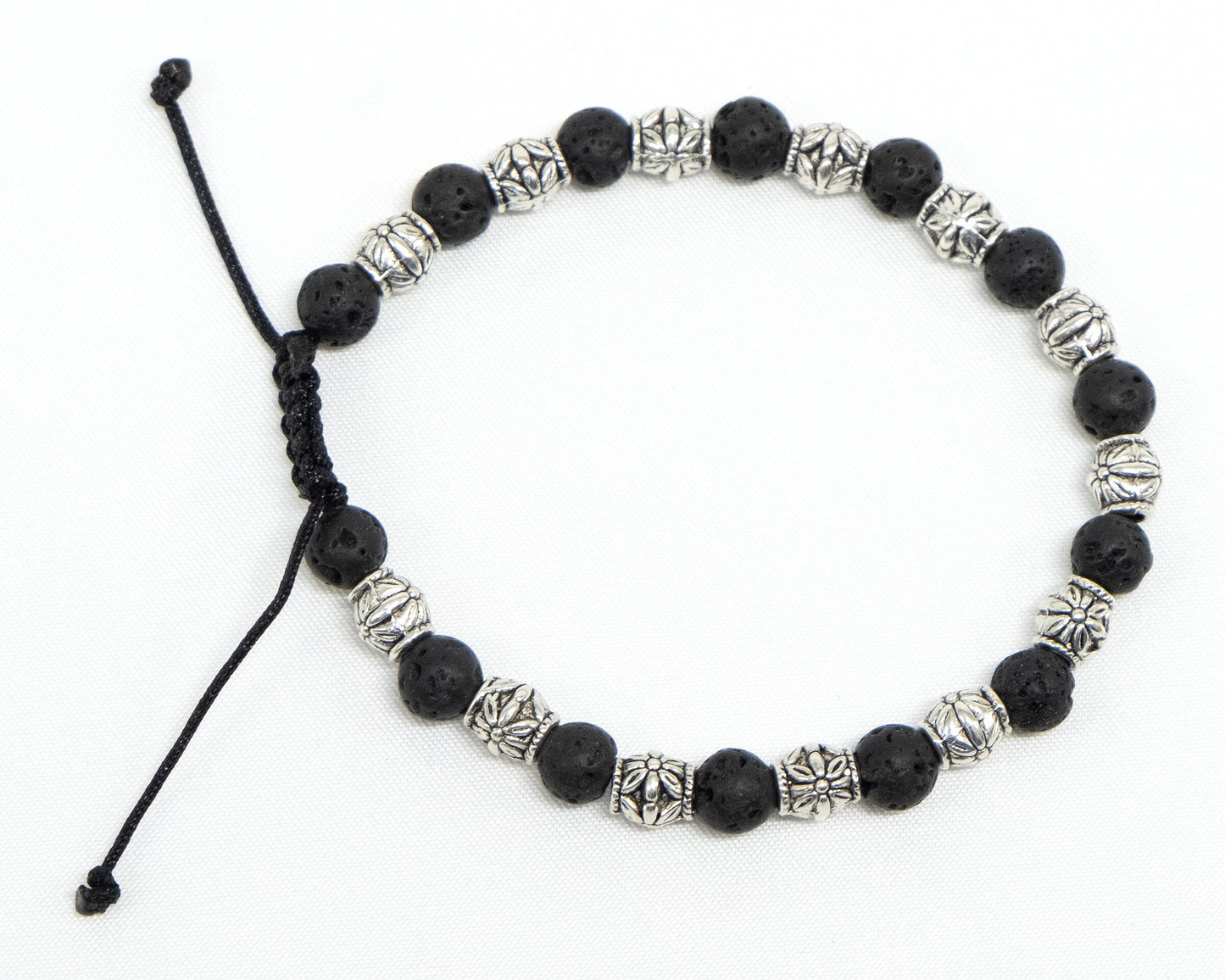 6mm Black Lava Genuine, Silver Tribal Spacer Beaded Bracelet | Adjustable | Unique | Natural | Meditation Crystal | Healing Stone | Bohemian