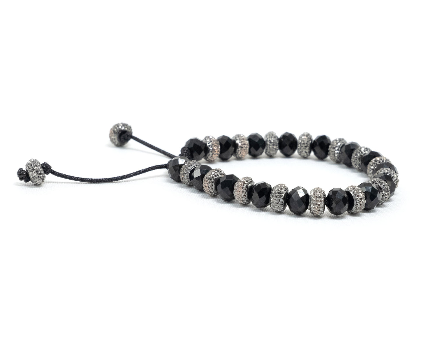 Black Rondelle Crystal, Silver Sparkly Spacer Beaded Bracelet | Adjustable | Unique | Meditation Crystal | Healing Stone | Bohemian