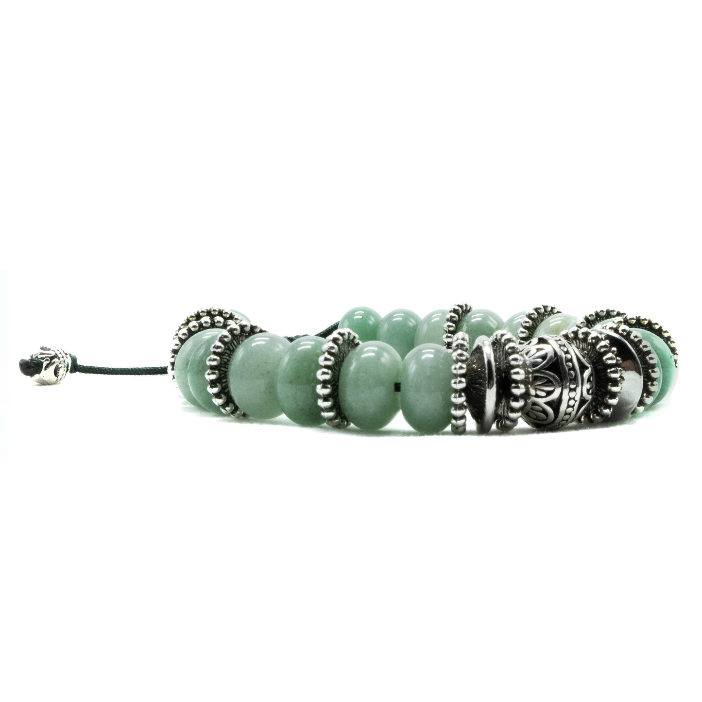 10mm Green Jade Rondelle with silver spacers and Silver main bead, beaded bracelet. Semi-precious gemstone. Adjustable