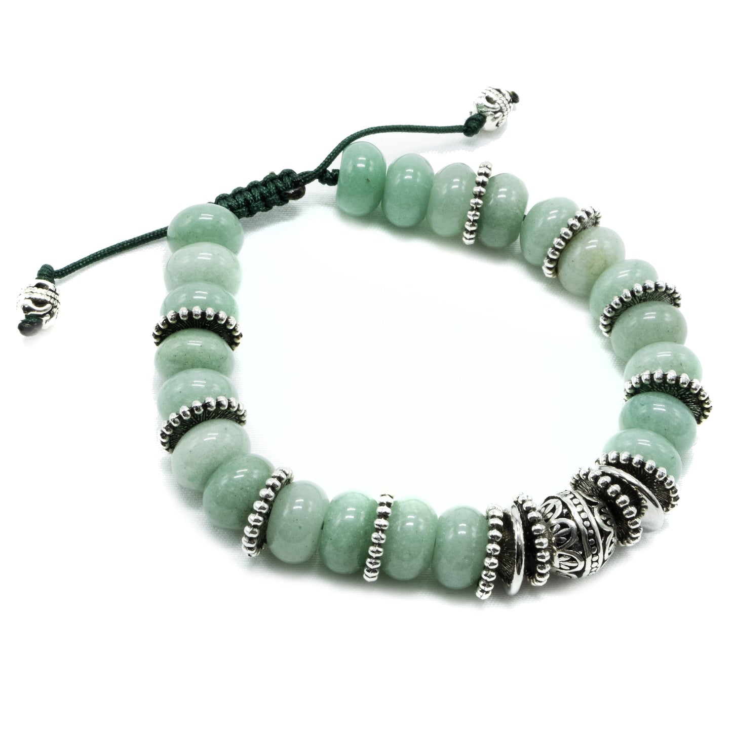 10mm Green Jade Rondelle with silver spacers and Silver main bead, beaded bracelet. Semi-precious gemstone. Adjustable