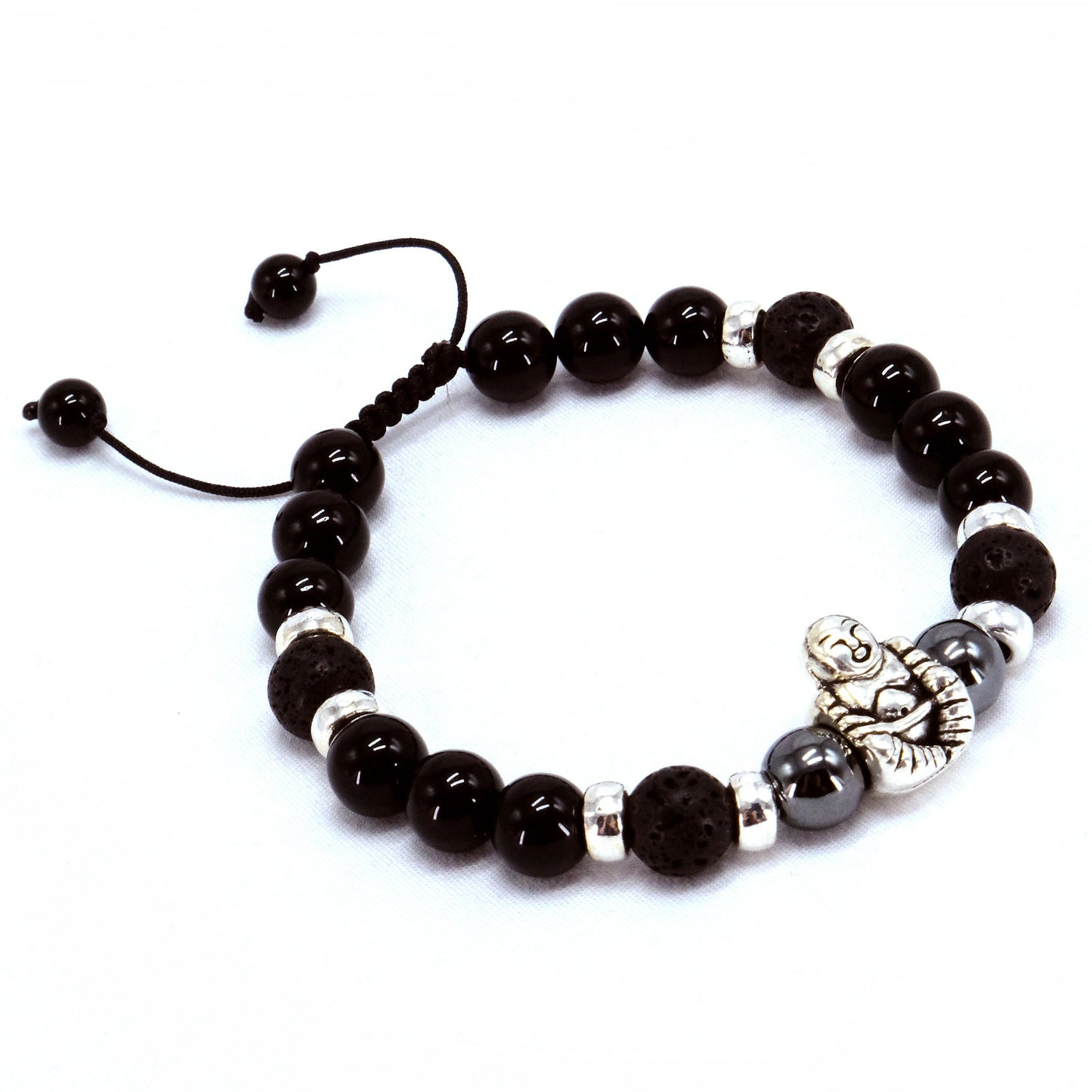 Buddha 8mm Obsidian, black lava and Hematite Beaded Bracelet, Adjustable, Aroma Theropy, Oils, Healing Stone | Bohemian