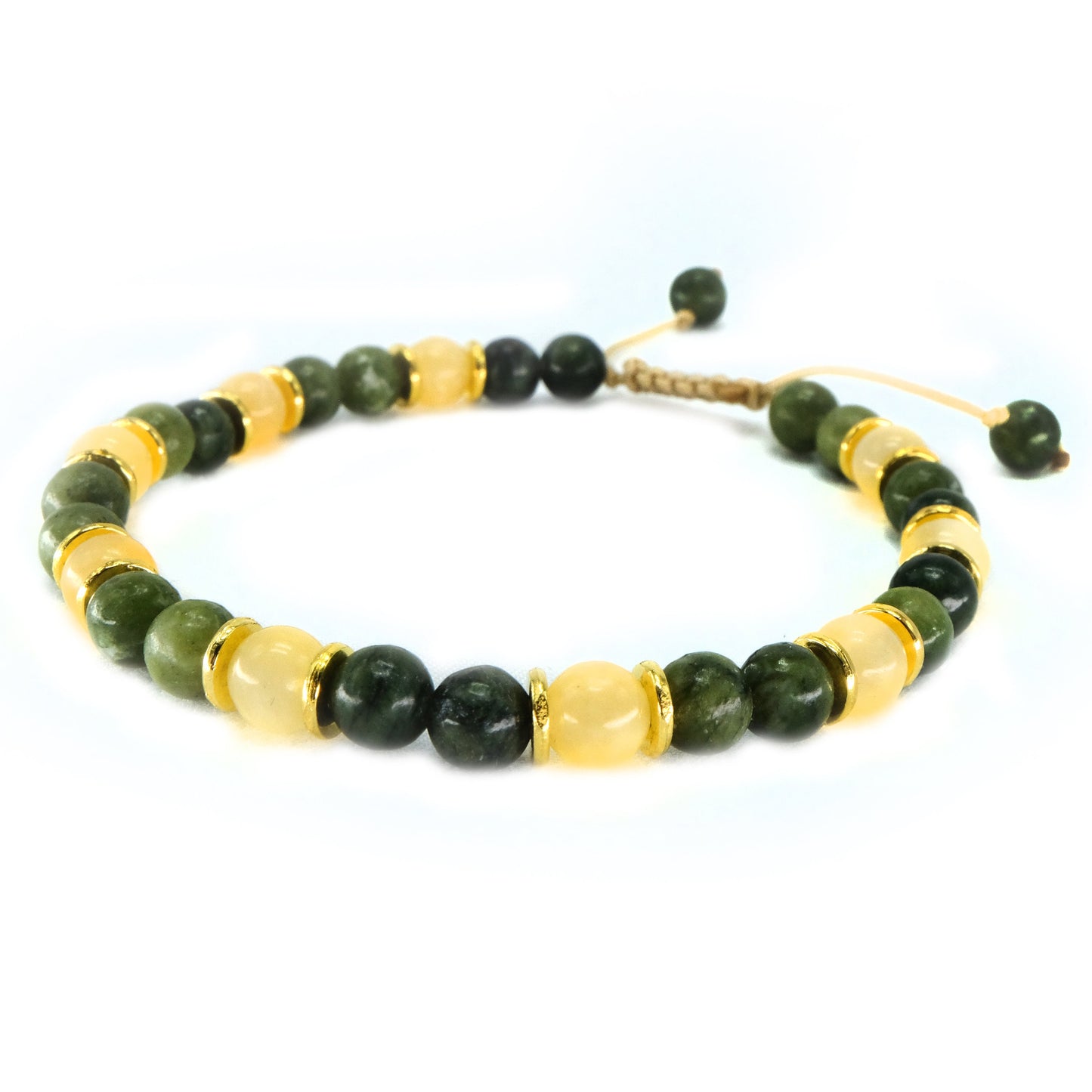 6mm Natural Yellow and Frosted Natural Green TaiWan Jade Beads with gold spacers beaded bracelet, adjustable, bohemian
