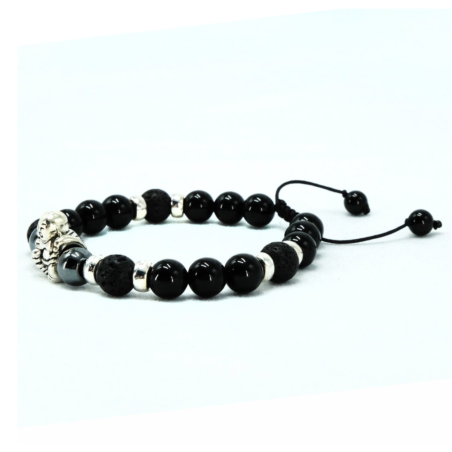 Buddha 8mm Obsidian, black lava and Hematite Beaded Bracelet, Adjustable, Aroma Theropy, Oils, Healing Stone | Bohemian