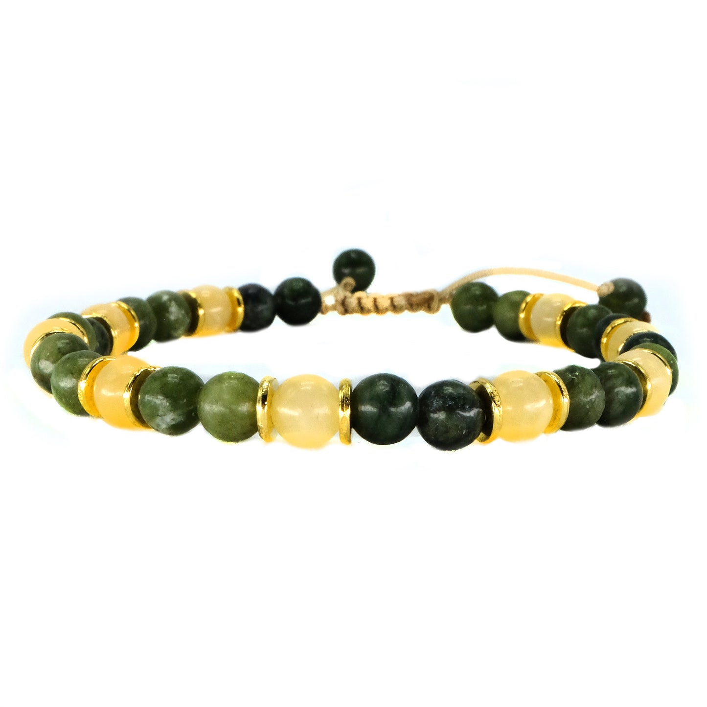 6mm Natural Yellow and Frosted Natural Green TaiWan Jade Beads with gold spacers beaded bracelet, adjustable, bohemian