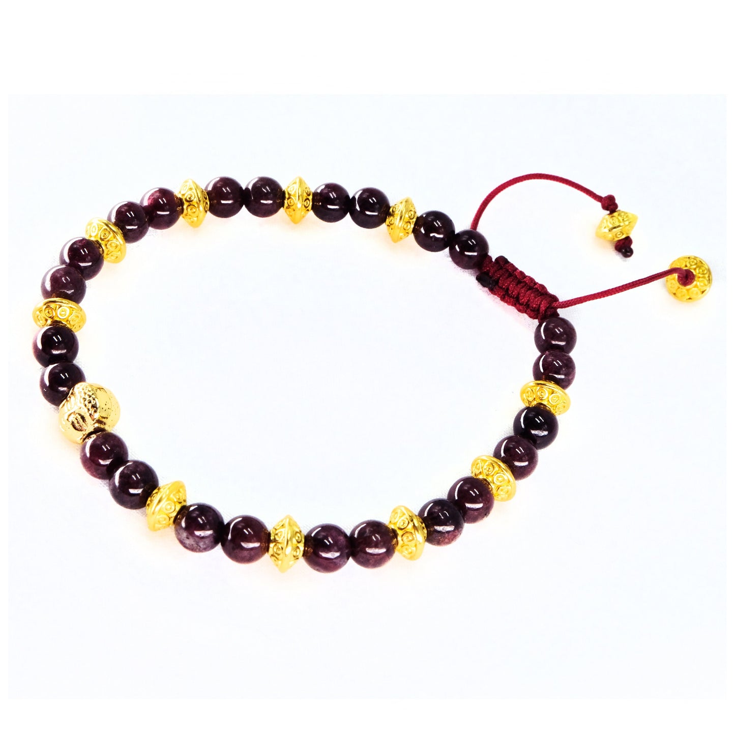Gold Buddha 6mm Garnet with gold spacers Beaded Bracelet, Adjustable, Healing Stone | Bohemian