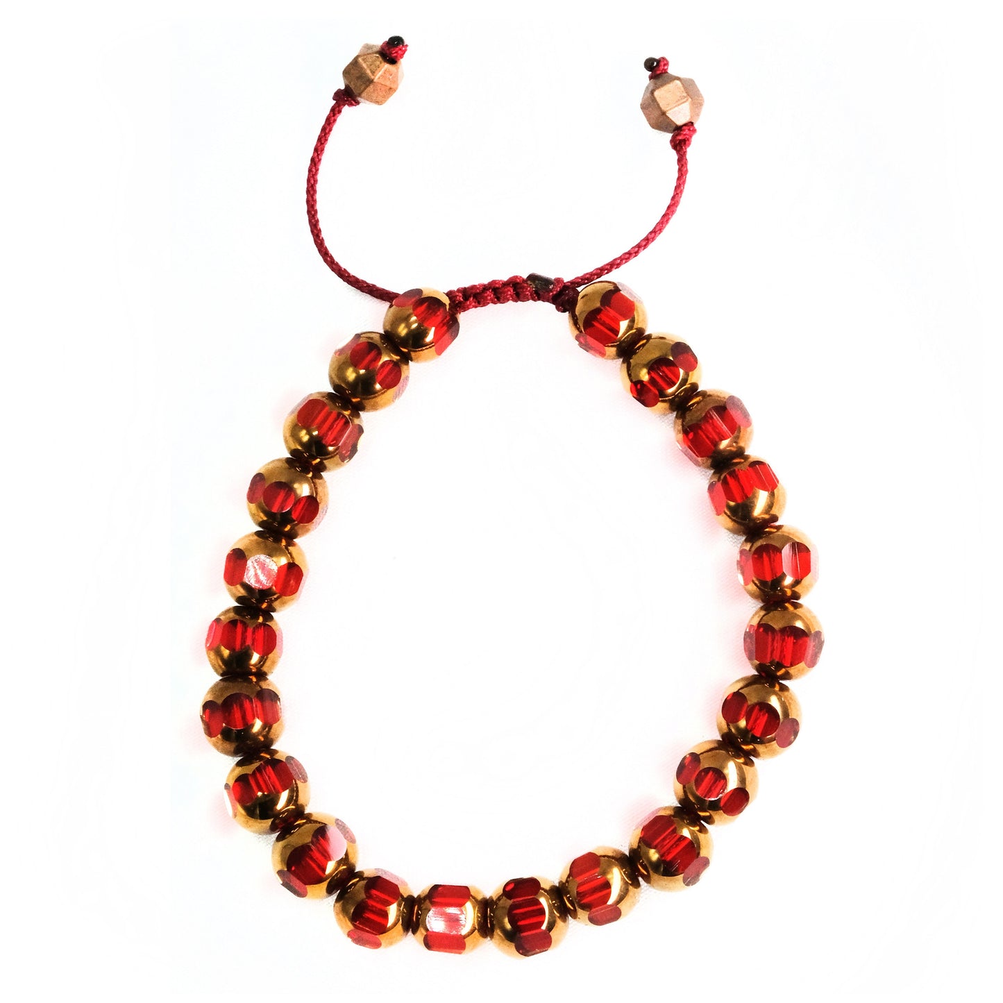 8mm Red and Copper Glass Crystal Beaded Bracelet, Adjustable