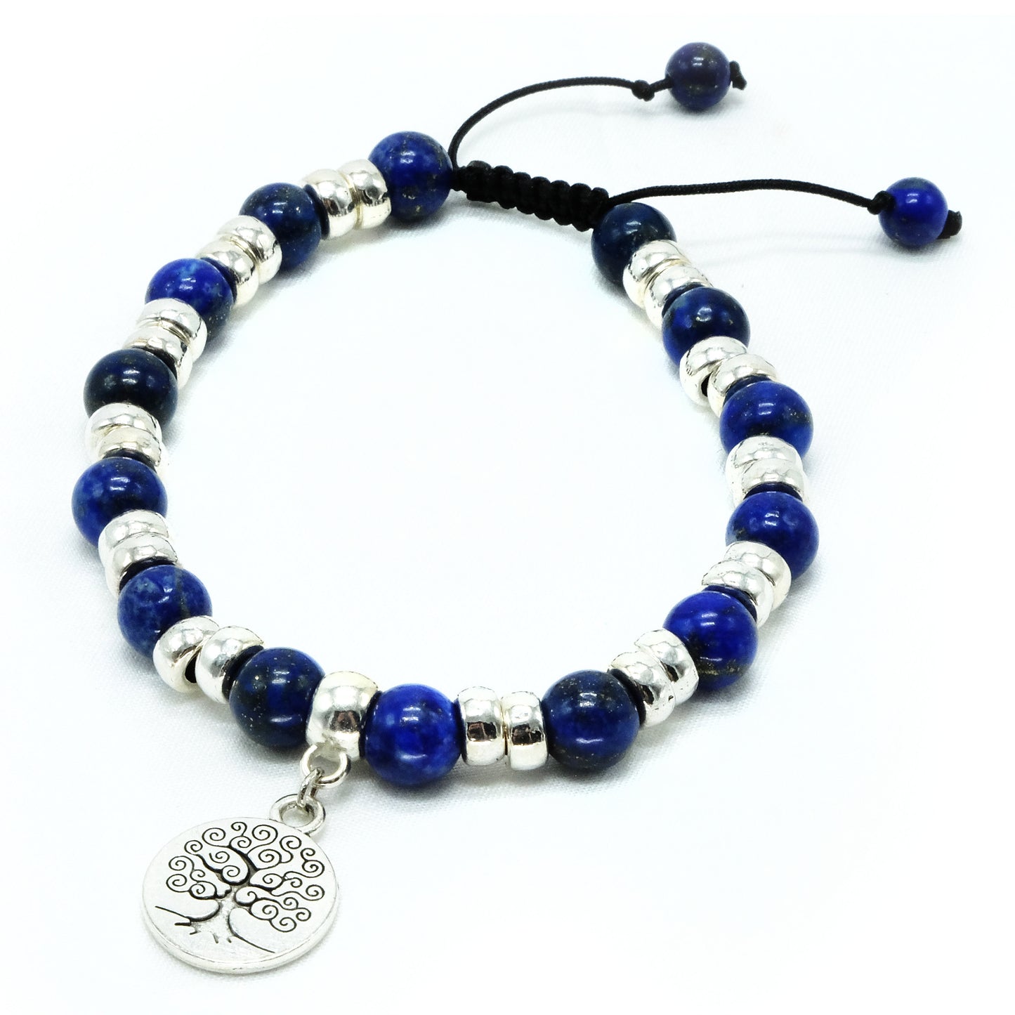 8mm Lapis Lazuli with Silver spacers and Tree Pendant beaded bracelet adjustable Semiprecious gemstone, Bohemian