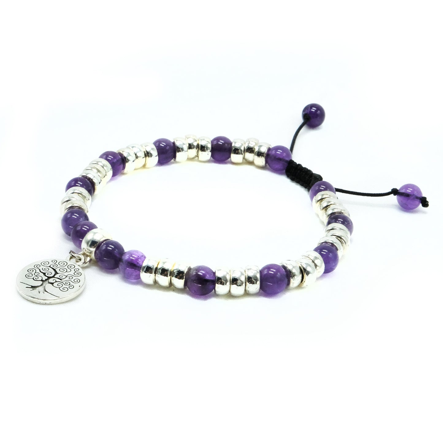 6mm Amethyst with Silver spacers and Tree Pendant beaded bracelet adjustable Semiprecious gemstone, Bohemian