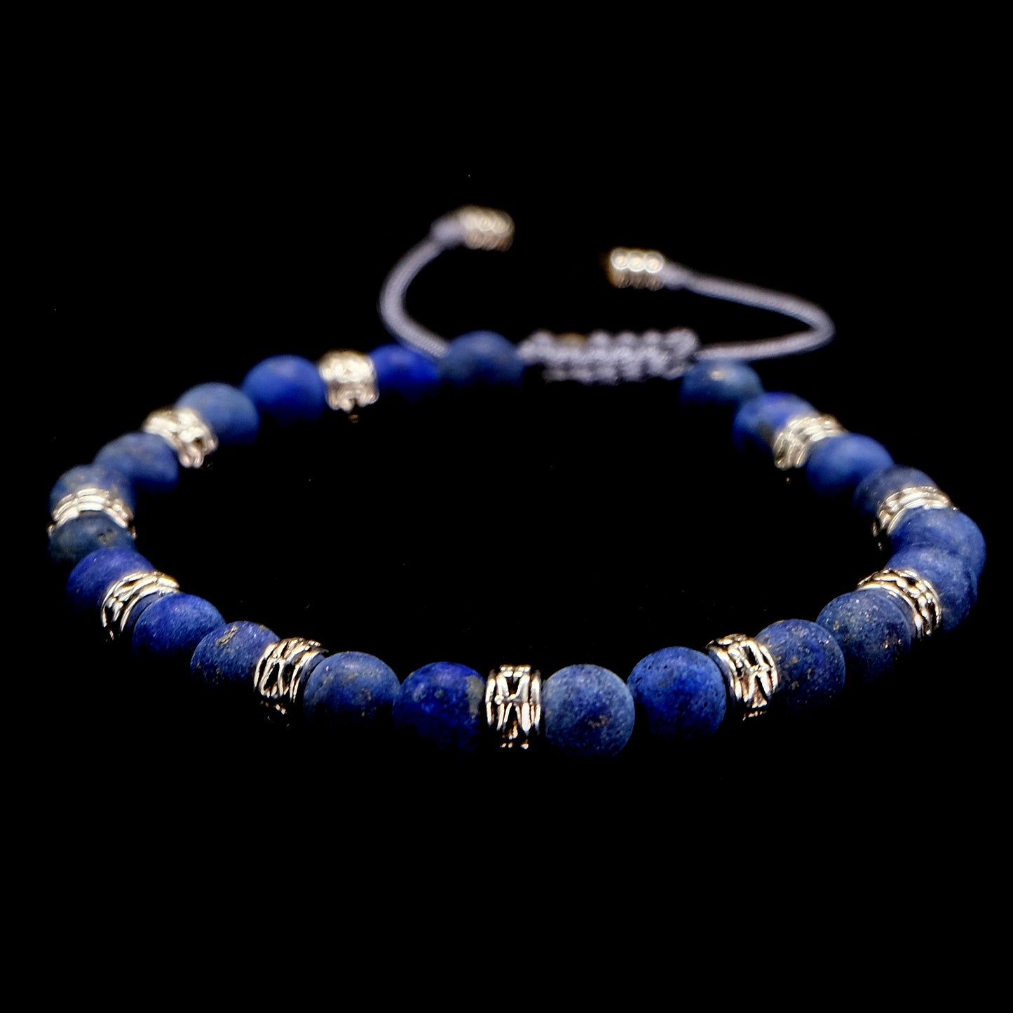6mm Genuine Frosted Lapis, Silver Spacer Beaded Bracelet | Lapis Lazuli | Adjustable | Meditation | Healing Stone | Bohemian