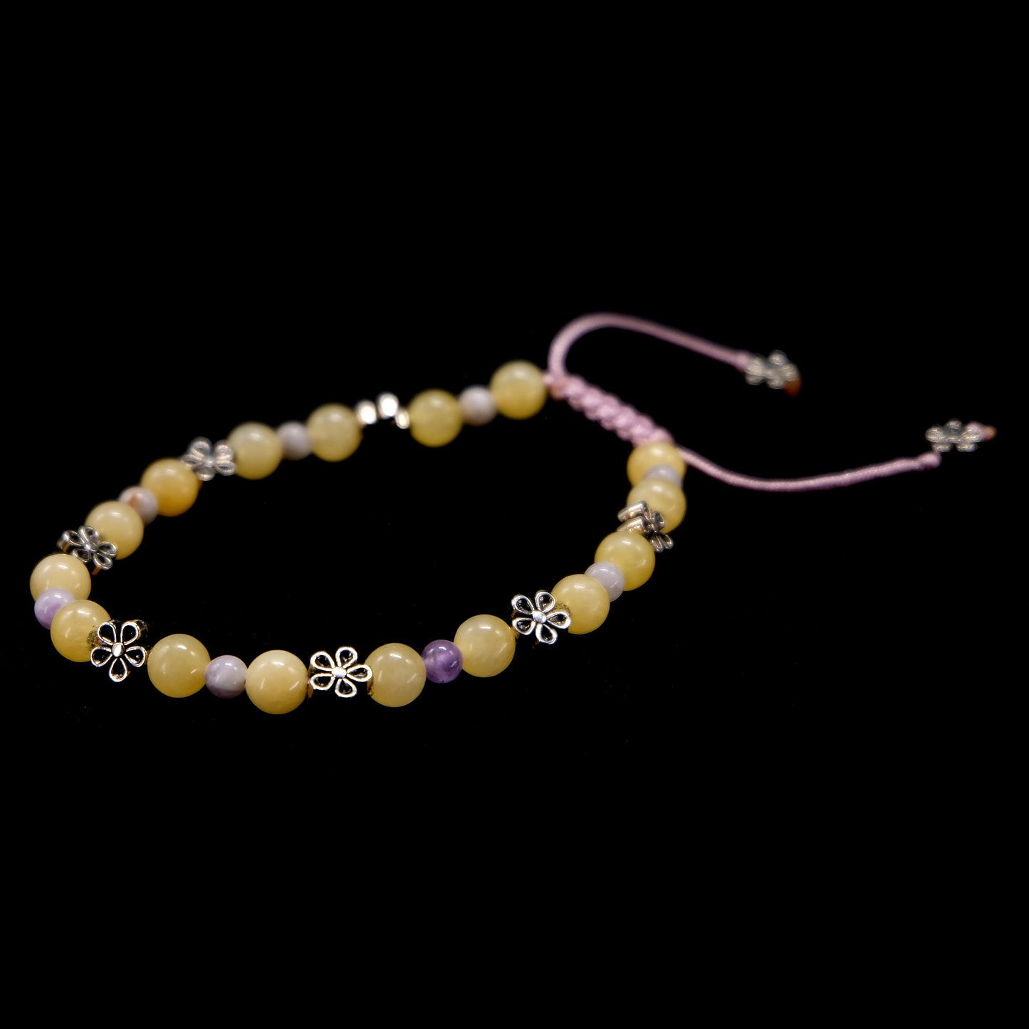 6mm Yellow Jade, 4mm Purple Jade with Flower, Daisy Silver Spacers | Semi-Precious | Adjustable | Meditation | Healing Stone | Bohemian