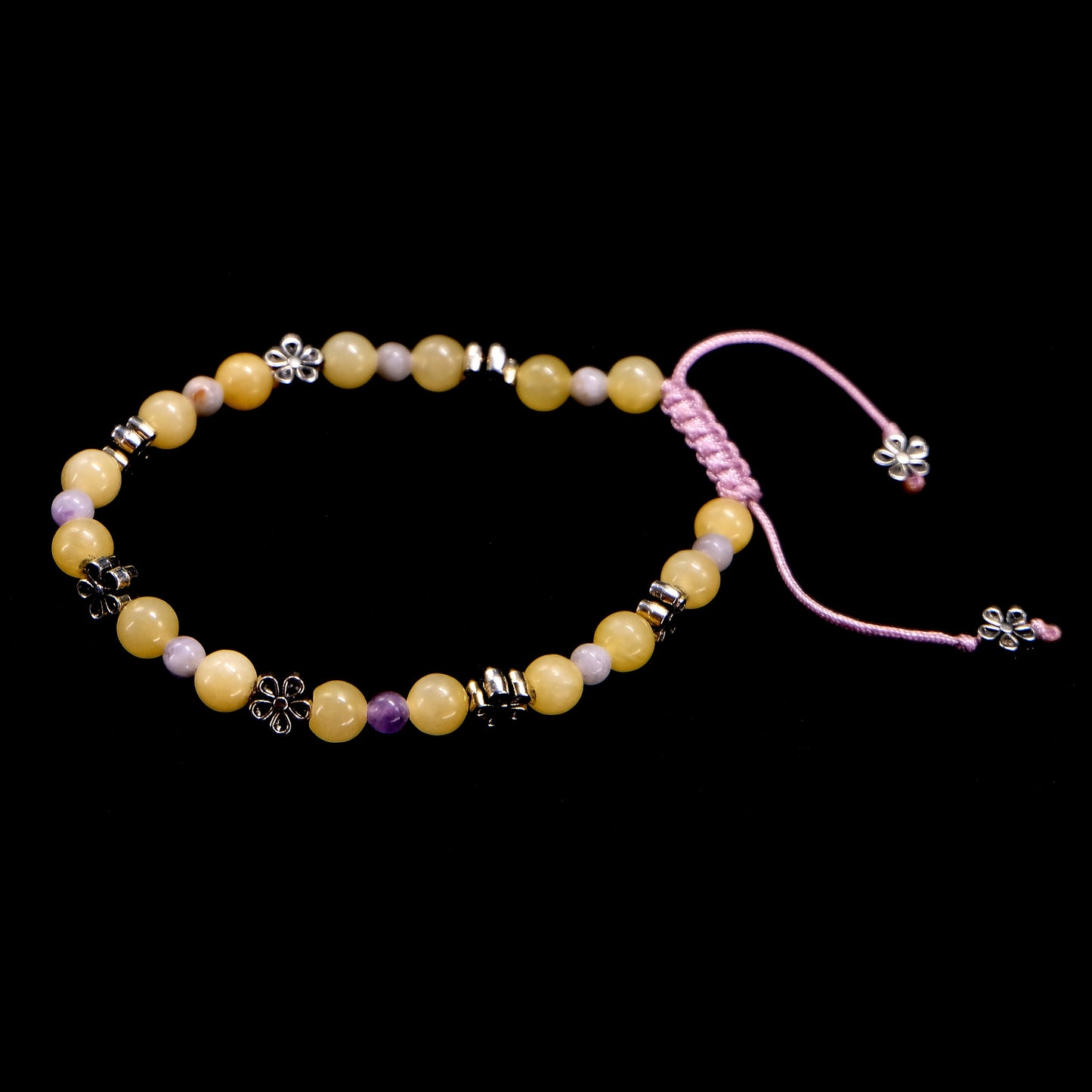 6mm Yellow Jade, 4mm Purple Jade with Flower, Daisy Silver Spacers | Semi-Precious | Adjustable | Meditation | Healing Stone | Bohemian