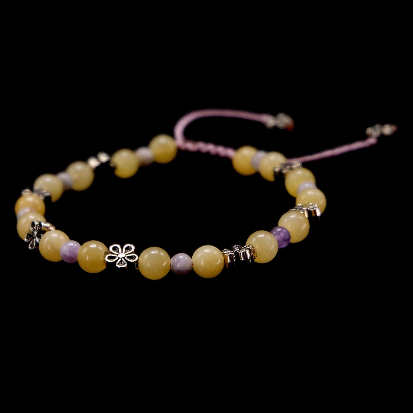 6mm Yellow Jade, 4mm Purple Jade with Flower, Daisy Silver Spacers | Semi-Precious | Adjustable | Meditation | Healing Stone | Bohemian
