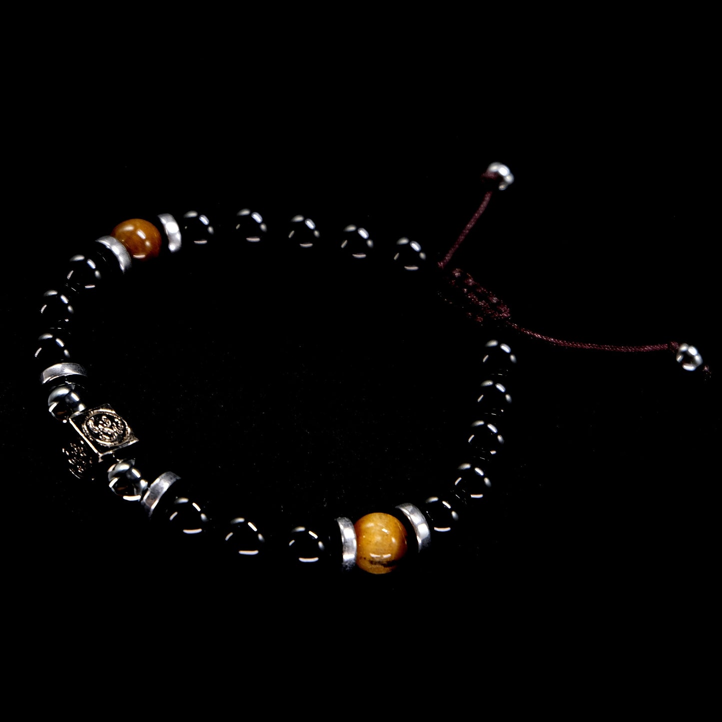 8mm Black Obsidian, Hematite, Tiger Eye Beaded Bracelet with OM Main Bead and Silver Heshi Spacer beads. Adjustable, Healing Stone, Bohemian