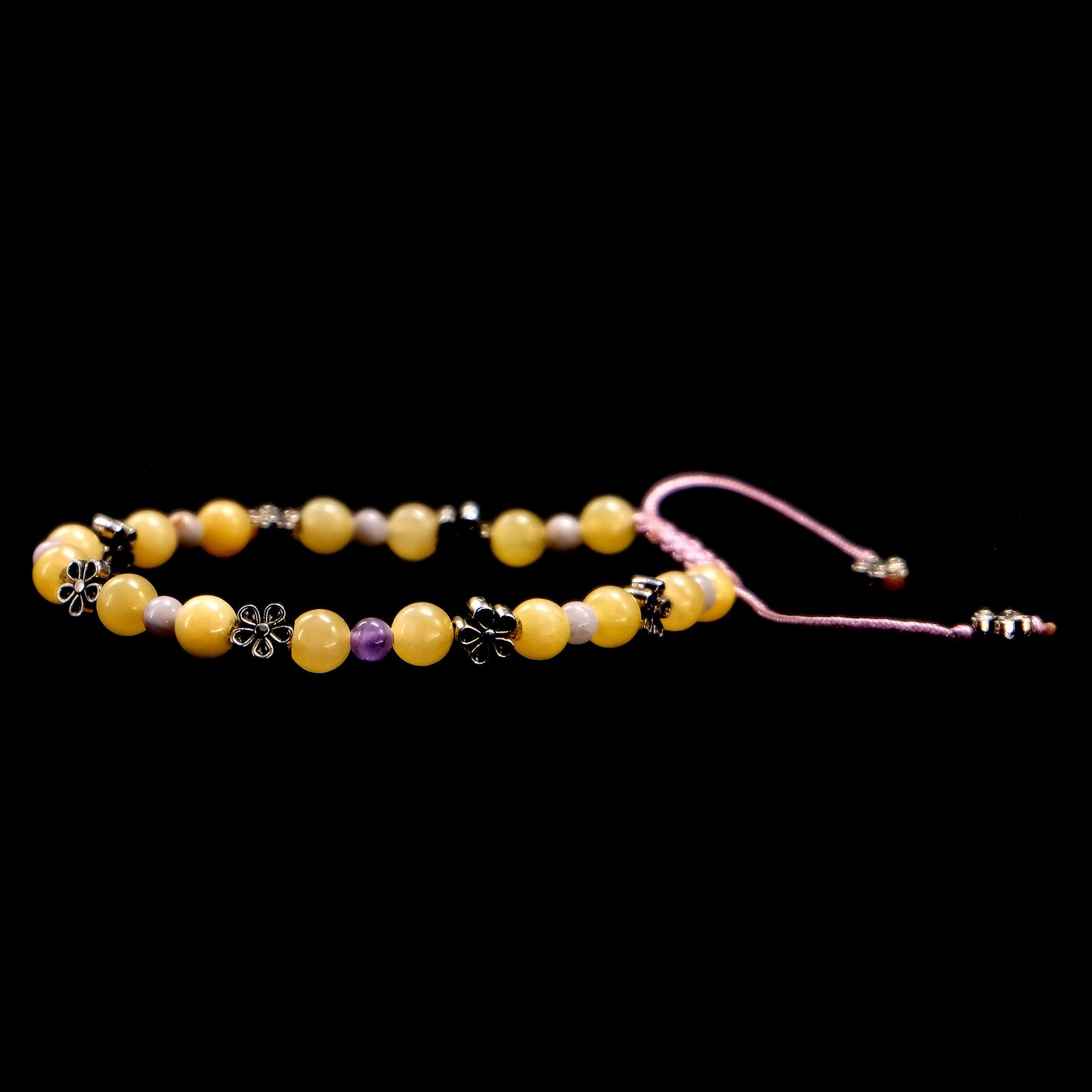 6mm Yellow Jade, 4mm Purple Jade with Flower, Daisy Silver Spacers | Semi-Precious | Adjustable | Meditation | Healing Stone | Bohemian
