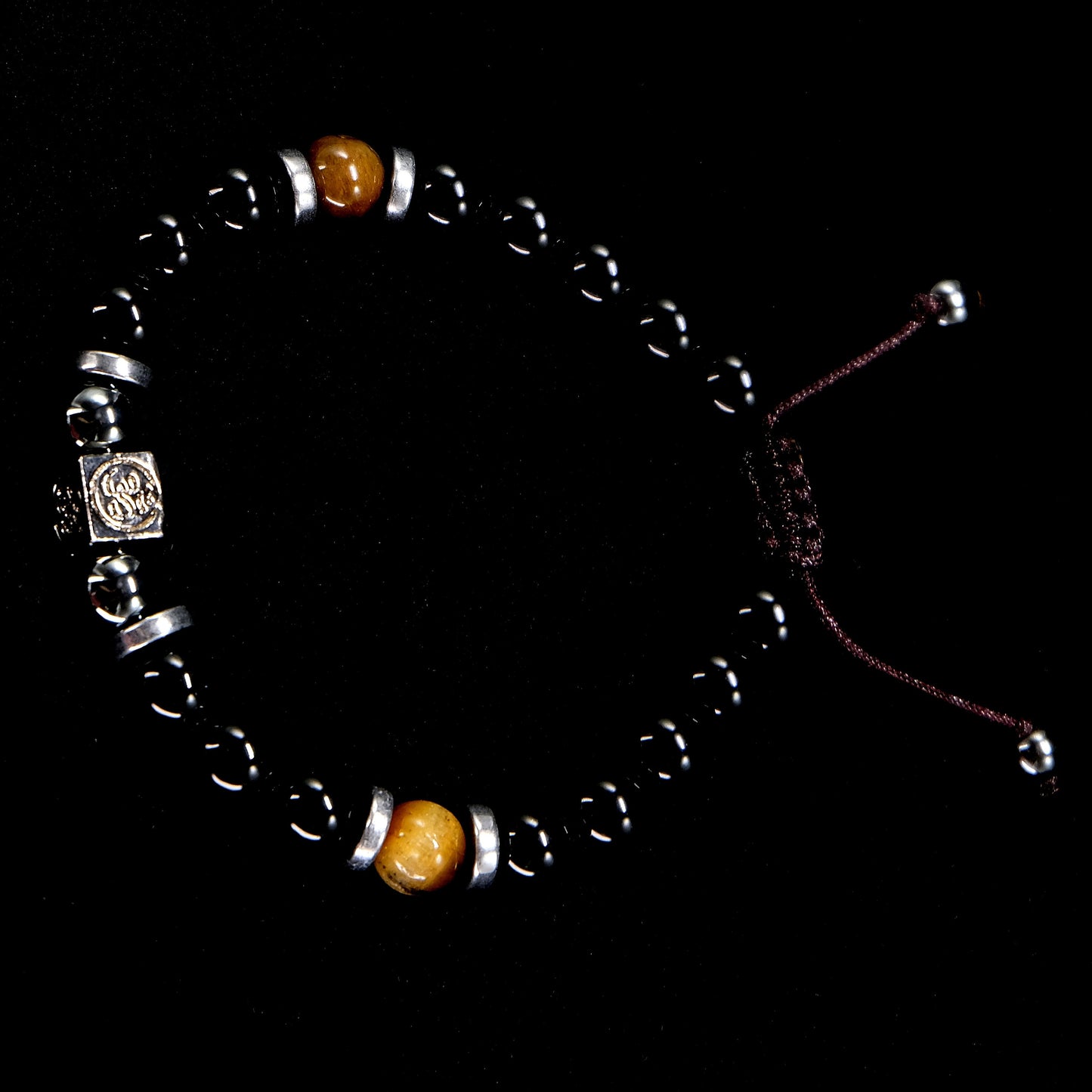 8mm Black Obsidian, Hematite, Tiger Eye Beaded Bracelet with OM Main Bead and Silver Heshi Spacer beads. Adjustable, Healing Stone, Bohemian