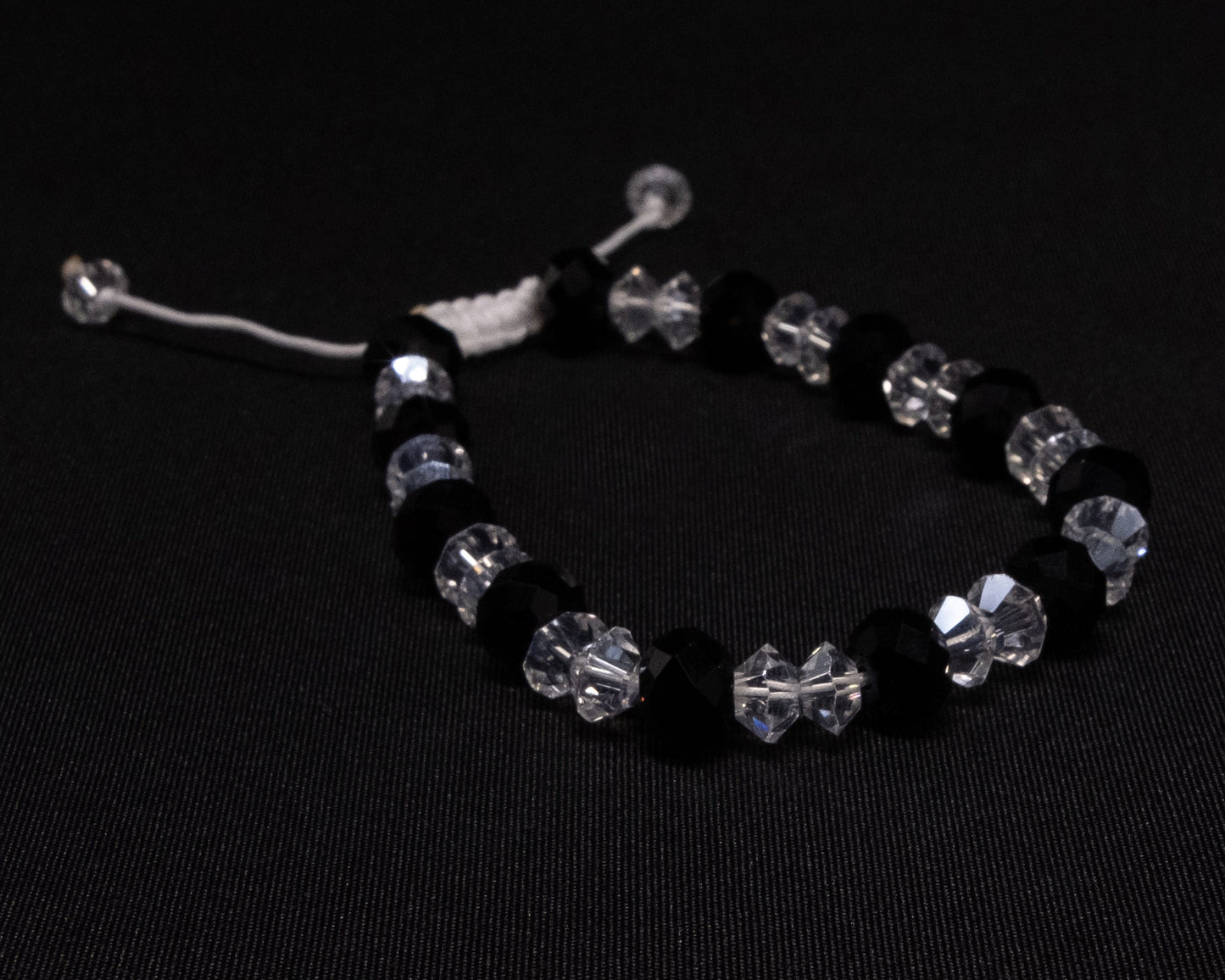 6mm Black Rondelle Crystal and Clear Crystal Genuine Beaded Bracelet | Adjustable | Unique | Bohemian