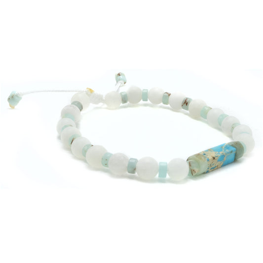 6mm White Quartz with Blue Sea Sediment Imperial Jasper Main Bead and Spacer Beads | Beaded Bracelet | Adjustable