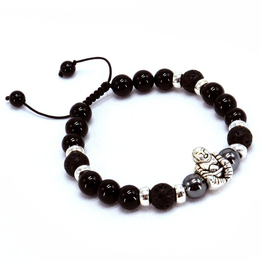 Buddha 8mm Obsidian, black lava and Hematite Beaded Bracelet, Adjustable, Aroma Theropy, Oils, Healing Stone | Bohemian