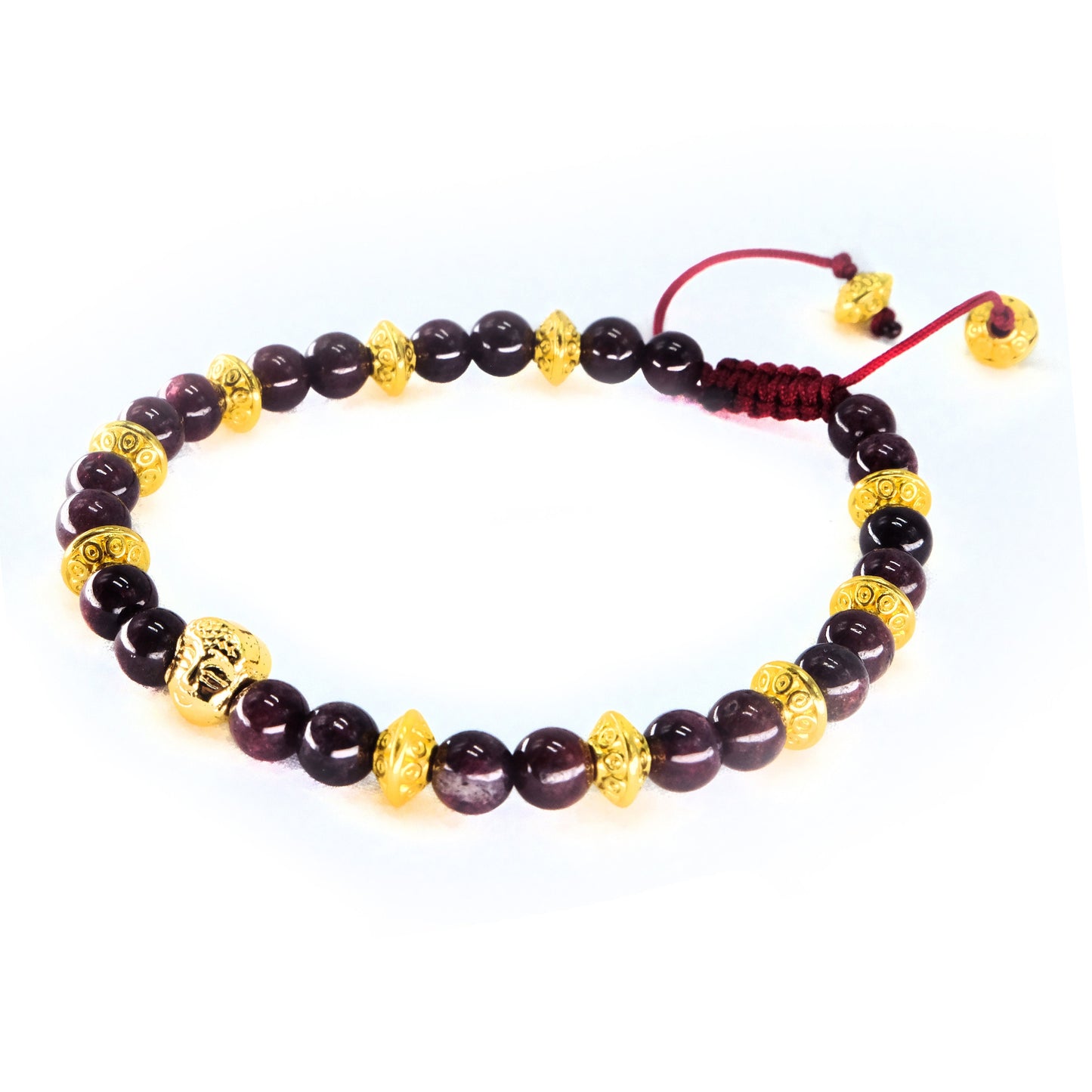 Gold Buddha 6mm Garnet with gold spacers Beaded Bracelet, Adjustable, Healing Stone | Bohemian