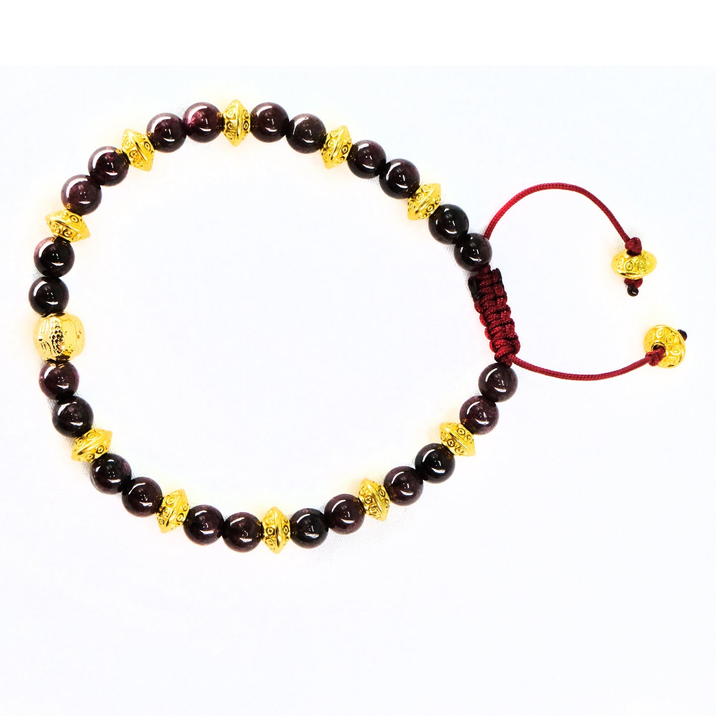 Gold Buddha 6mm Garnet with gold spacers Beaded Bracelet, Adjustable, Healing Stone | Bohemian