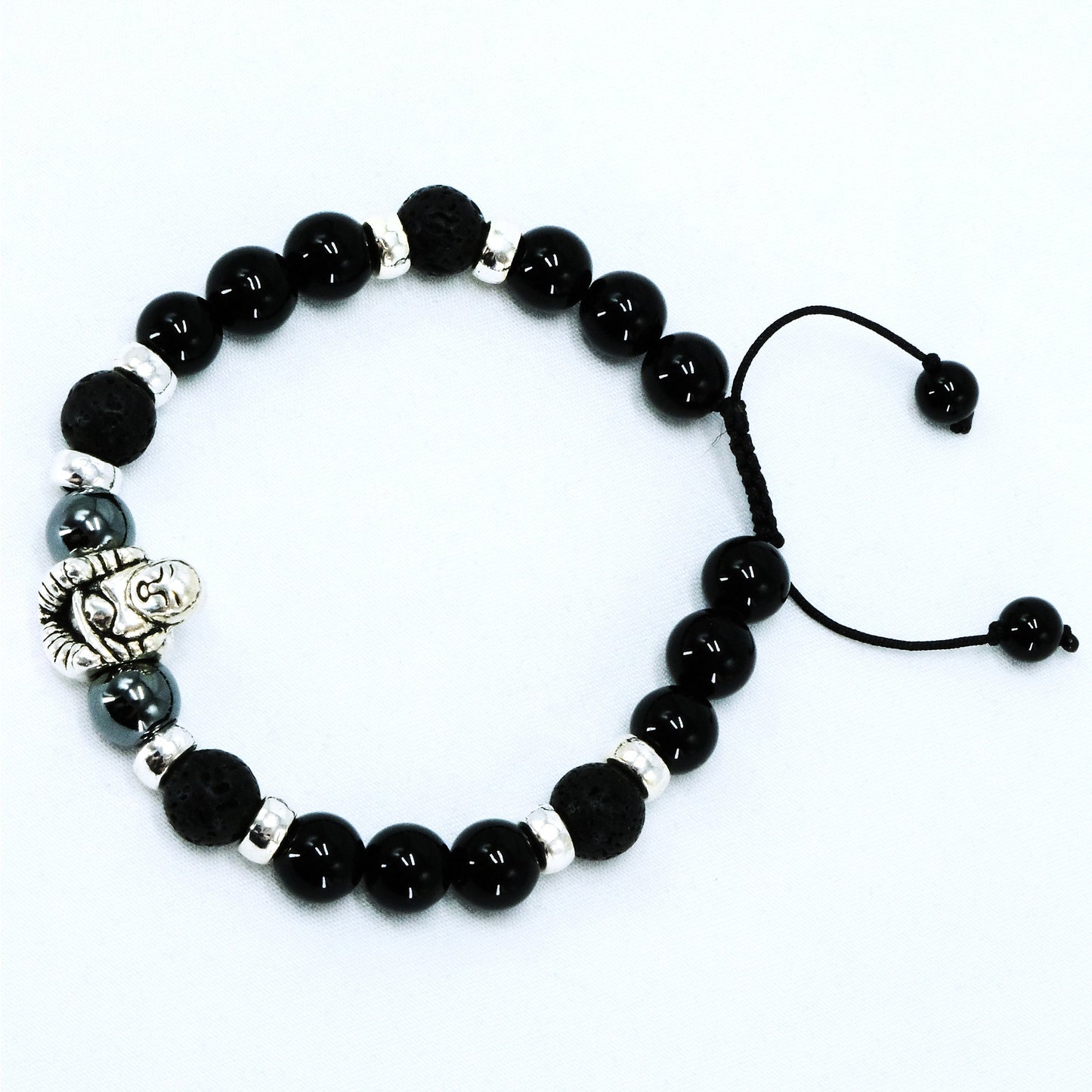 Buddha 8mm Obsidian, black lava and Hematite Beaded Bracelet, Adjustable, Aroma Theropy, Oils, Healing Stone | Bohemian