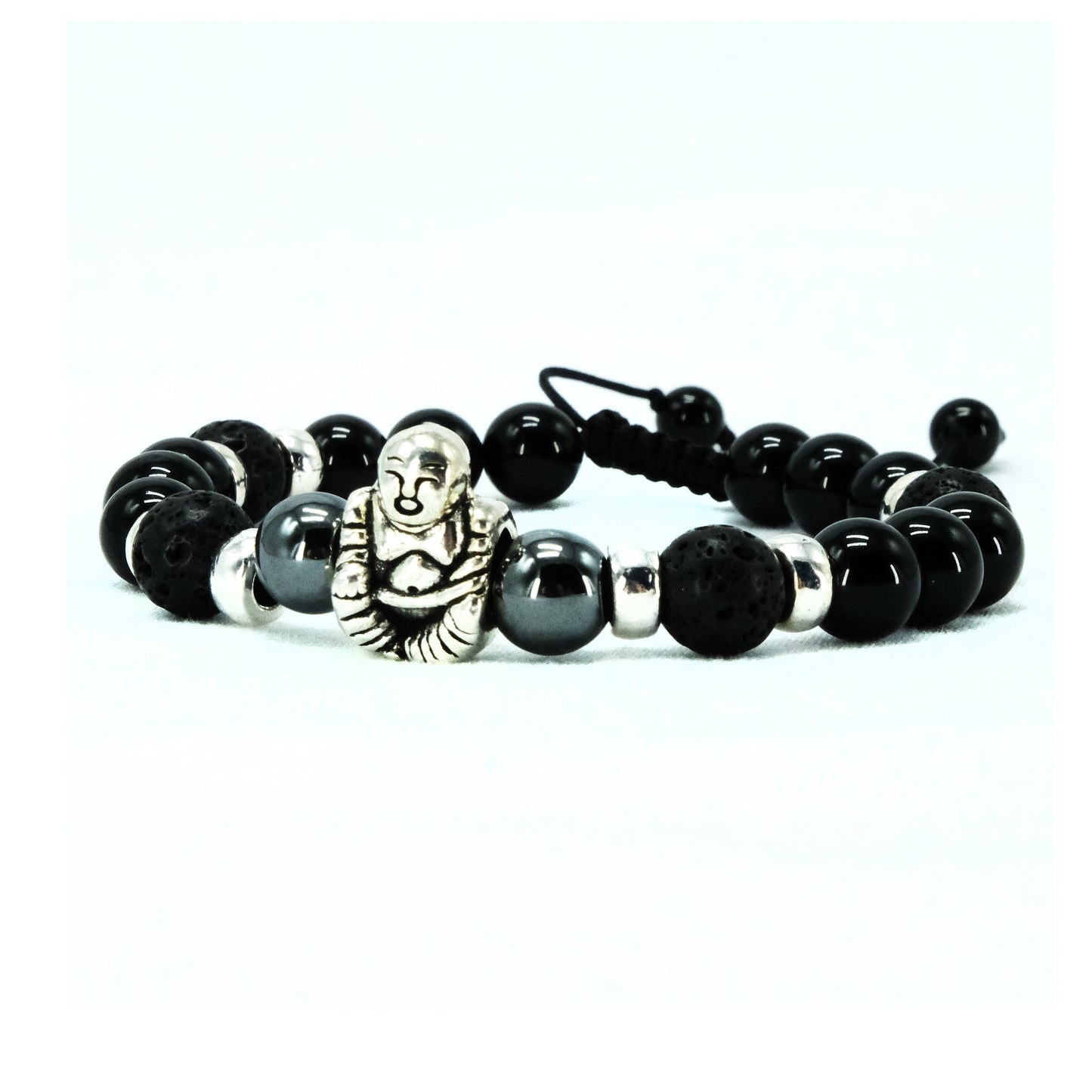 Buddha 8mm Obsidian, black lava and Hematite Beaded Bracelet, Adjustable, Aroma Theropy, Oils, Healing Stone | Bohemian