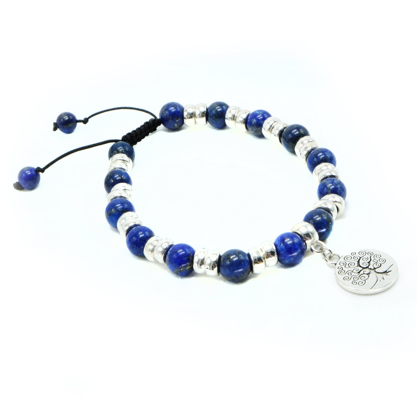 8mm Lapis Lazuli with Silver spacers and Tree Pendant beaded bracelet adjustable Semiprecious gemstone, Bohemian