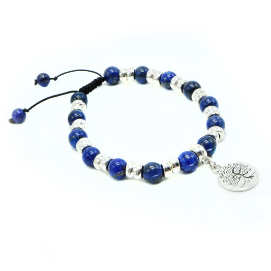 8mm Lapis Lazuli with Silver spacers and Tree Pendant beaded bracelet adjustable Semiprecious gemstone, Bohemian