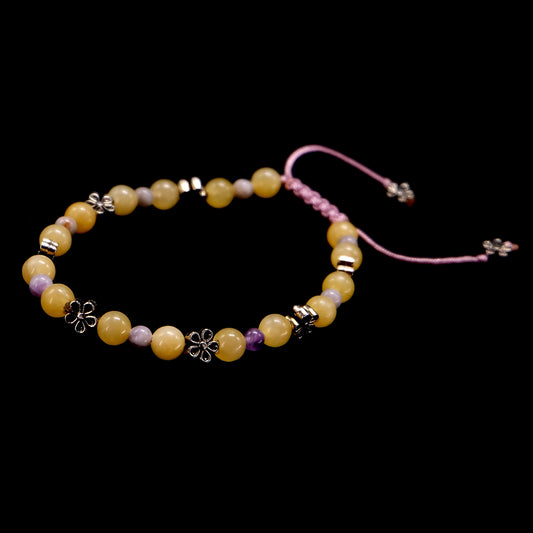 6mm Yellow Jade, 4mm Purple Jade with Flower, Daisy Silver Spacers  | Semi-Precious | Adjustable | Meditation | Healing Stone | Bohemian