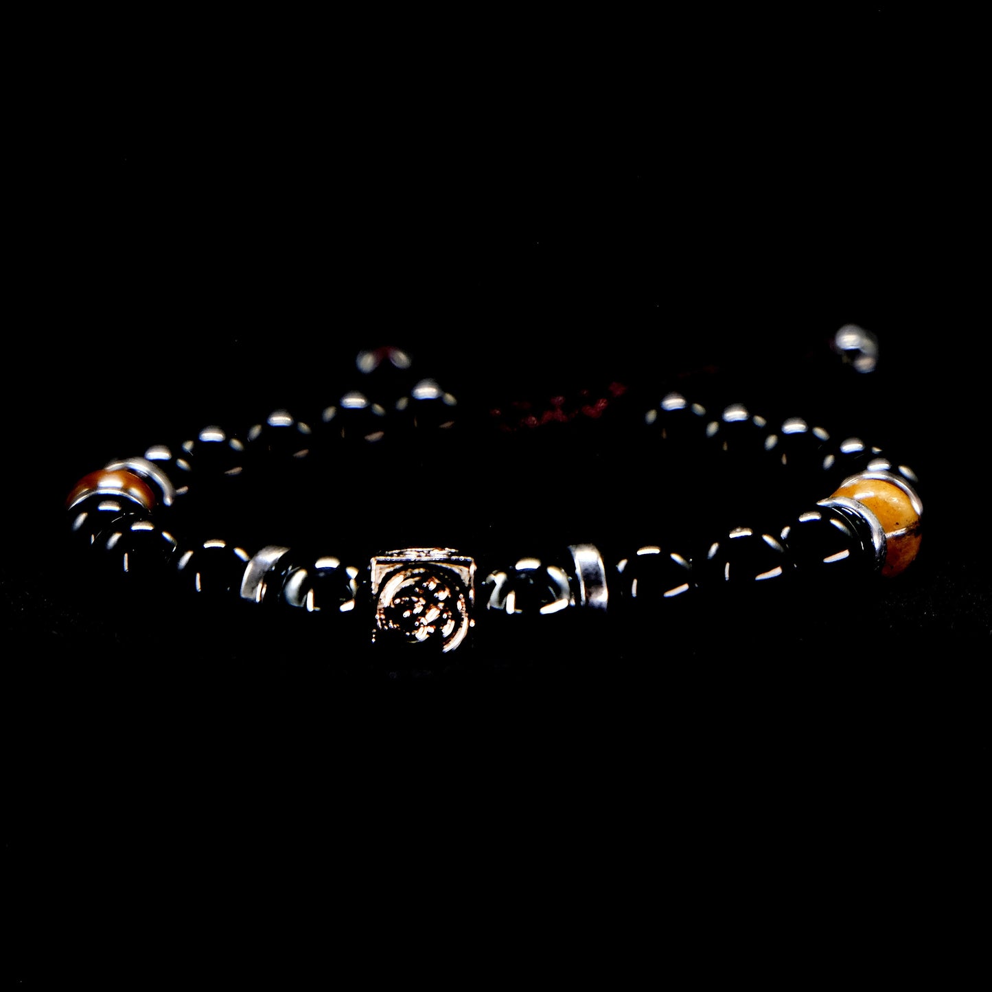 8mm Black Obsidian, Hematite, Tiger Eye Beaded Bracelet with OM Main Bead and Silver Heshi Spacer beads. Adjustable, Healing Stone, Bohemian