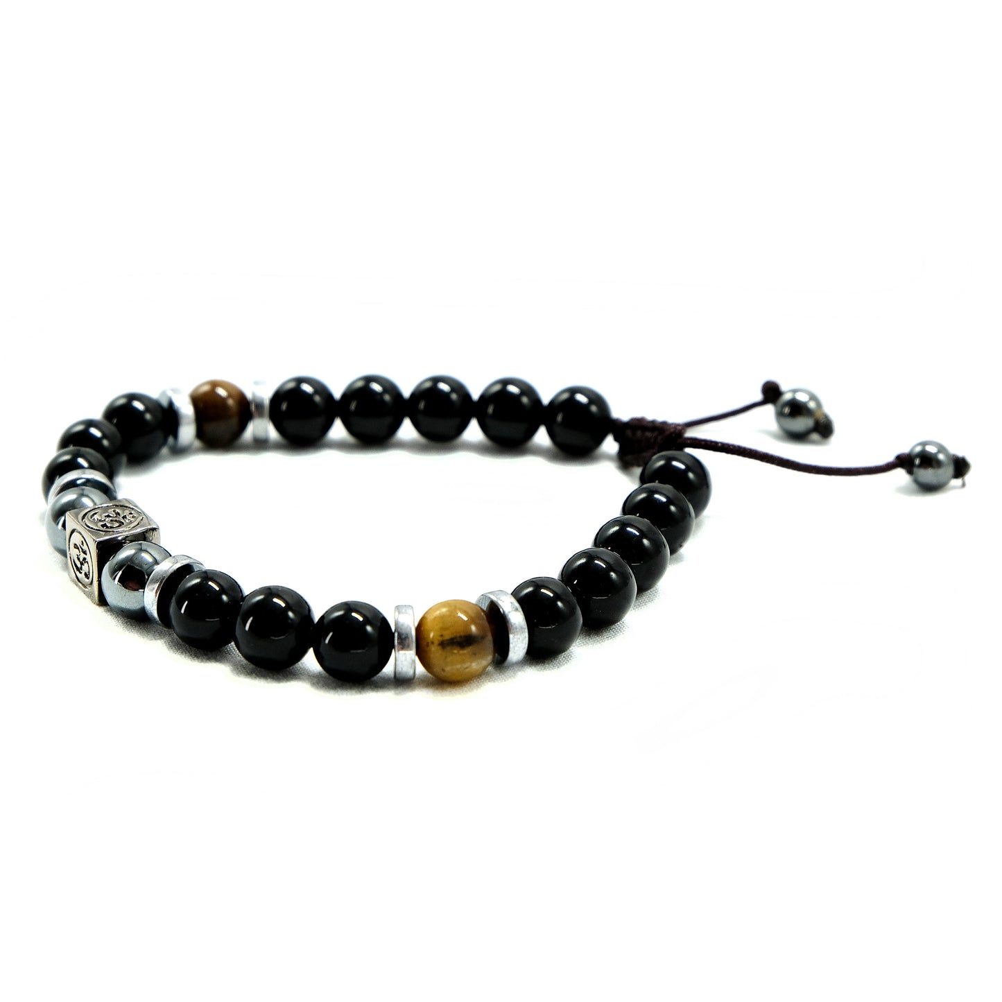 8mm Black Obsidian, Hematite, Tiger Eye Beaded Bracelet with OM Main Bead and Silver Heshi Spacer beads. Adjustable, Healing Stone, Bohemian
