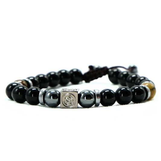 8mm Black Obsidian, Hematite, Tiger Eye Beaded Bracelet with OM Main Bead and Silver Heshi Spacer beads. Adjustable, Healing Stone, Bohemian